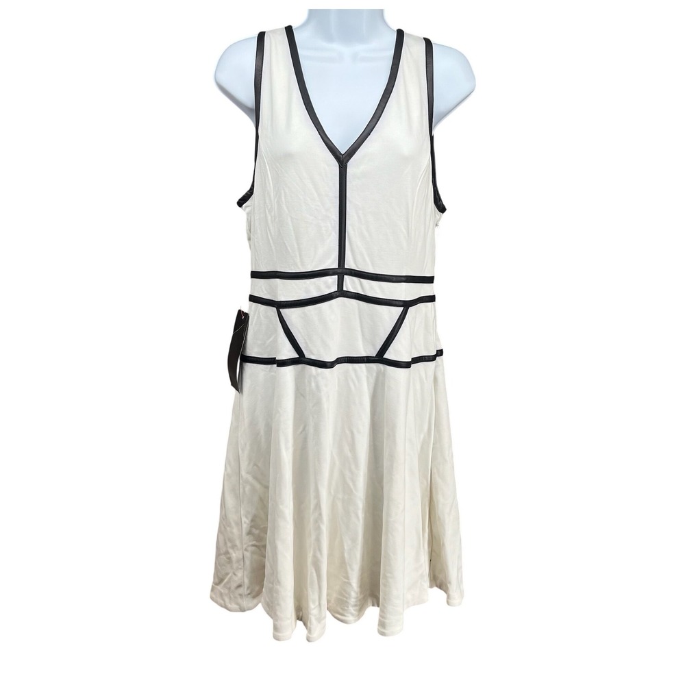 Bebe Binding Detail Aline Dress Women XL White Black V-Neck Sleeveless Mod Chic